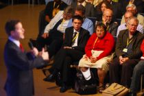 Delegates listen to the Liberal Democrat Party Leader Nick Clegg MP ...