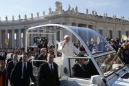Pope Benedict XVI greeted pilgrims in his pope mobile 