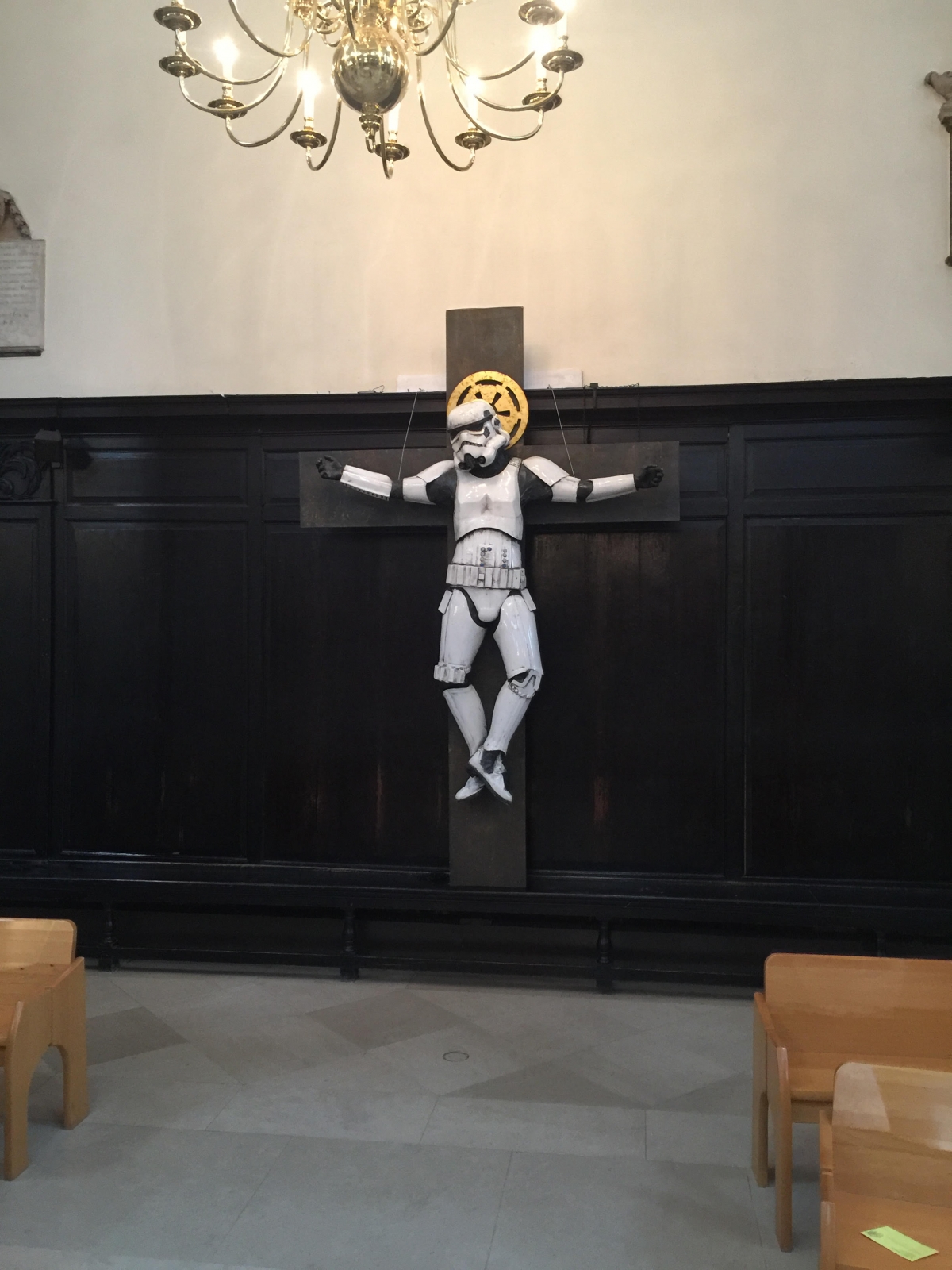 Controversial crucified Stormtrooper art relocated at London church